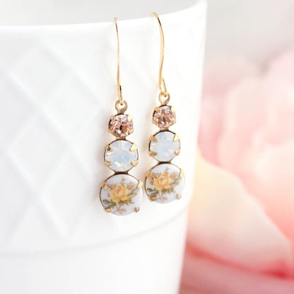 Yellow Rose Cameo Earrings | White Opal Glass
