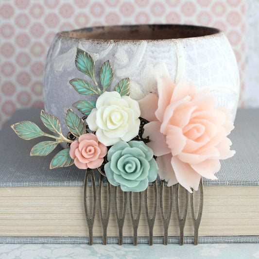 Pink and Mint Green Floral Hair Comb