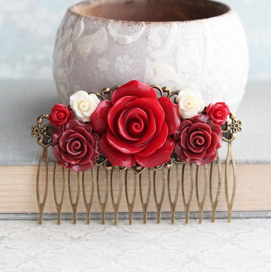 Dark Red Rose Hair Comb – A Pocket of Posies display picture 1