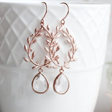 Load image into Gallery viewer, Rose Gold Dangle Earrings, Clear Glass Jewel, Laurel Wreath, Olive Leaves, Leafy Vine Hoops, Bridesmaids Gift, Grecian Branch Dangles