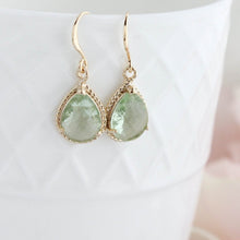 Load image into Gallery viewer, Light Green Glass Earrings, Sparkling Chrysolite Glass Jewel, Modern Pear Drop Earrings Sparkle Gold Teardrop Gift for Women Bridesmaids