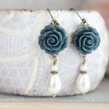 Load image into Gallery viewer, Navy Blue Rose Earrings | Pearl Drop