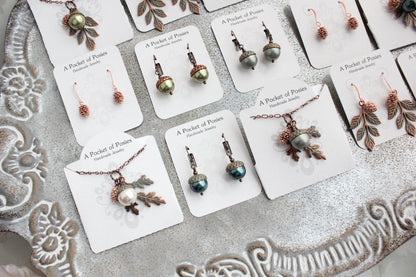 Pearl Acorn Pendant Necklace (8 Pearl Colors) Mint Patina Copper