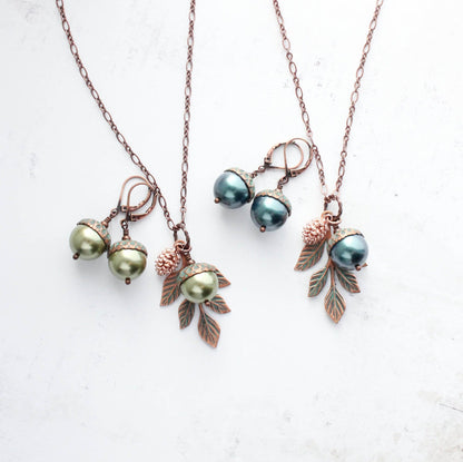 Green Pearl Acorn Necklace (8 Pearl Colors) | Mint Patina Copper