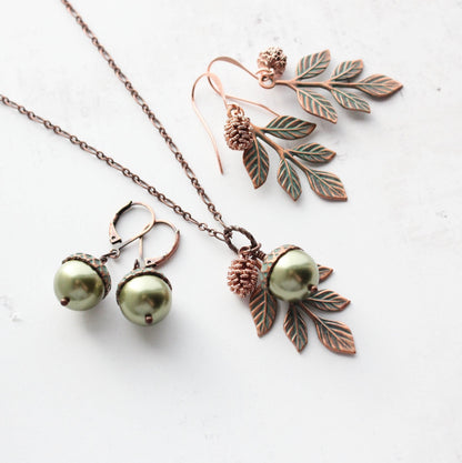 Green Pearl Acorn Necklace (8 Pearl Colors) | Mint Patina Copper