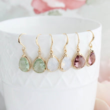 Load image into Gallery viewer, Light Green Glass Earrings, Opal Glass Jewel, Modern Pear Drop Earrings, Dusty Plum Rose, Sparkle Gold Teardrop, Gift for Women, Bridesmaids