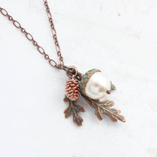 Load image into Gallery viewer, Pearl Acorn Pendant Necklace (8 Pearl Colors) Mint Patina Copper