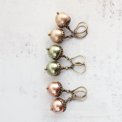 Rose Gold Pearl Acorn Earrings | Antiqued Gold Brass