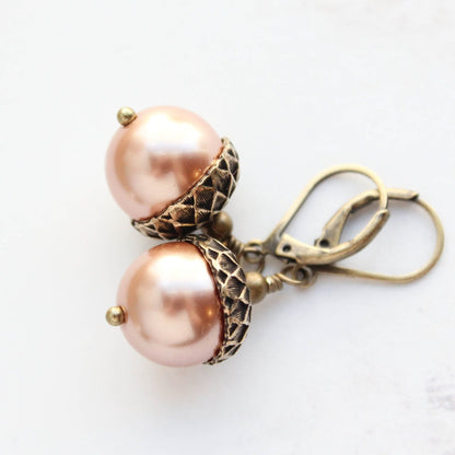 Rose Gold Pearl Acorn Earrings | Antiqued Gold Brass