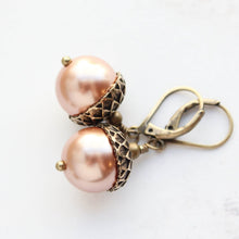 Load image into Gallery viewer, Rose Gold Pearl Acorn Earrings | Antiqued Gold Brass