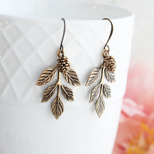Branch Earrings | Antiqued Gold Pinecone