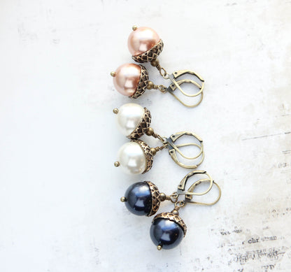 Rose Gold Pearl Acorn Earrings | Antiqued Gold Brass