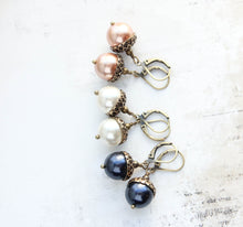 Load image into Gallery viewer, Rose Gold Pearl Acorn Earrings | Antiqued Gold Brass