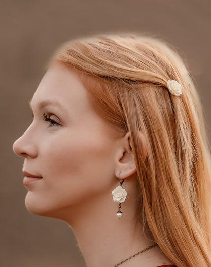 Ivory Cream Rose Earrings | Pearl Drop
