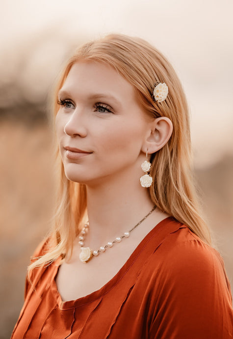 Cream Rose Earrings |Rhinestones and Gold