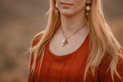 Ivory Cream Pearl Acorn, Branch and Pine Cone Charm Necklace