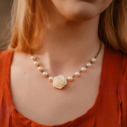 Cream Rose and Pearl Necklace