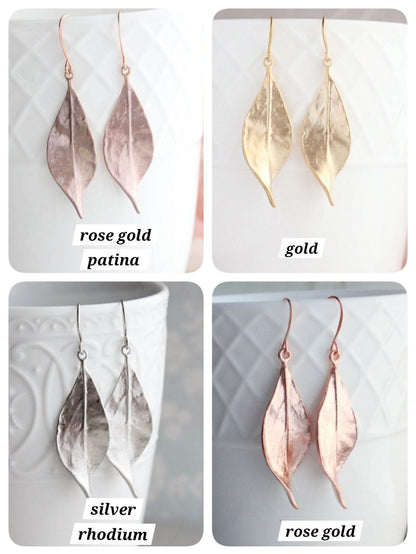 Long Curled Leaf Earrings | Rose Gold Patina
