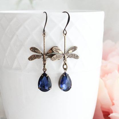 Dragonfly Earrings | Dark Navy Blue Teardrop