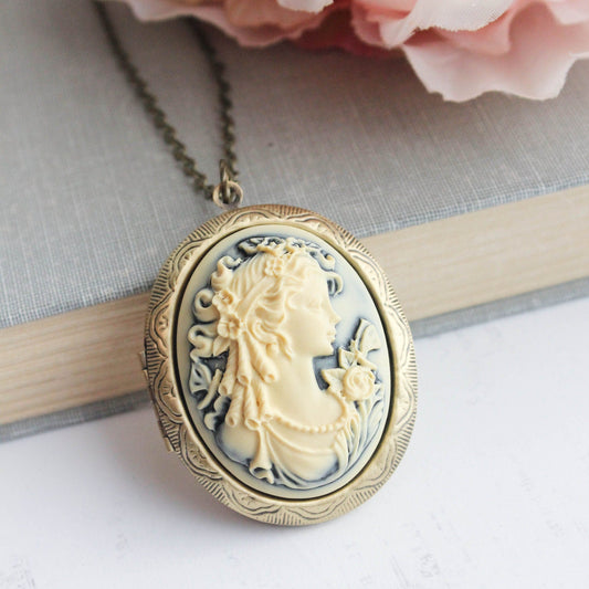 Cameo Locket Necklace | Lady on Dark Navy