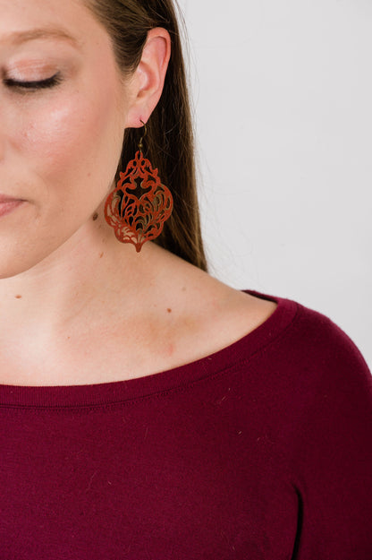 Big Boho Filigree Dangle Earrings | Pumpkin Spice Orange Patina