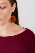 Load image into Gallery viewer, Big Boho Filigree Dangle Earrings | Pumpkin Spice Orange Patina