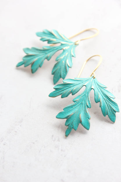 Leaf Earrings | Teal Verdigris Patina