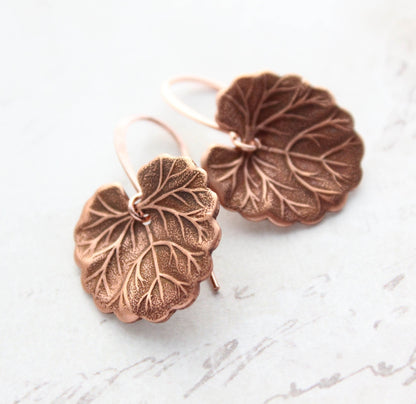 Copper Geranium Leaf Earrings | Antiqued Copper