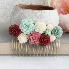 Load image into Gallery viewer, Floral Hair Comb | Deep Red and Mint Green
