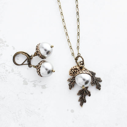 Light Grey Acorn Necklace | Silver Pearl Acorn and Branch Pendant