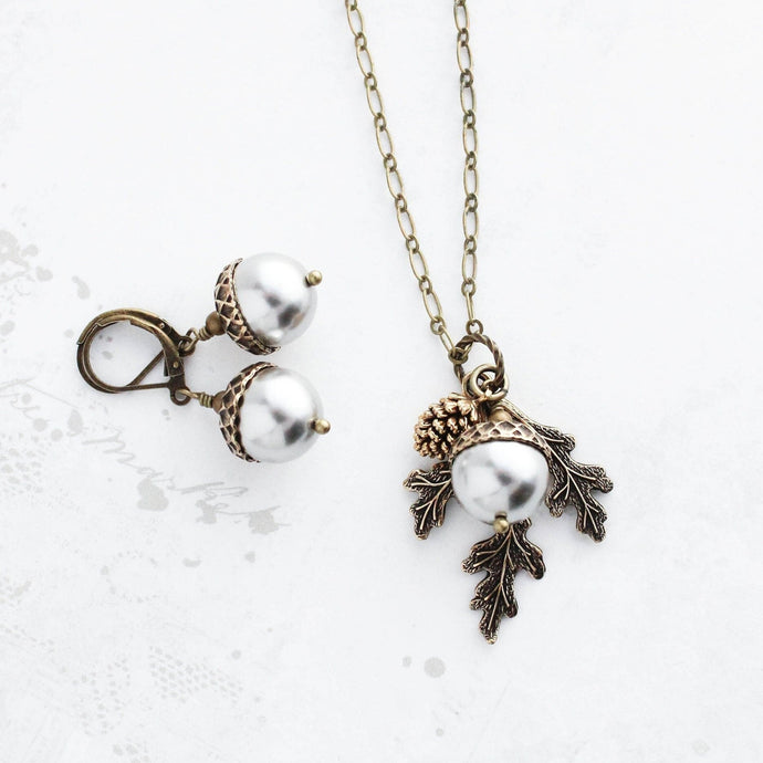Light Grey Acorn Necklace | Silver Pearl Acorn and Branch Pendant