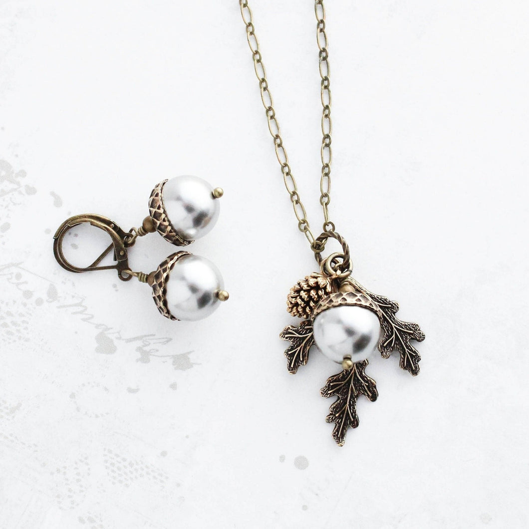 Light Grey Acorn Necklace | Silver Pearl Acorn and Branch Pendant