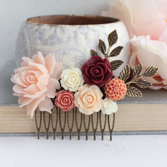 Blush Floral Hair Piece | Deep Red and Coral Peach