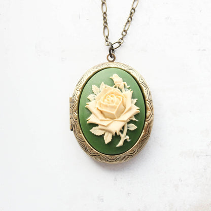 Green Rose Locket Necklace | Large Cameo Pendant