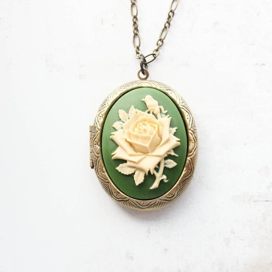 Green Rose Locket Necklace | Large Cameo Pendant