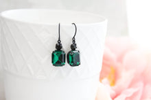 Load image into Gallery viewer, Emerald Green Glass Earrings | Vintage Glass Jewel