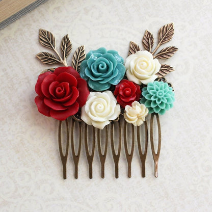 Floral Bridal Comb | Teal and Red Rose