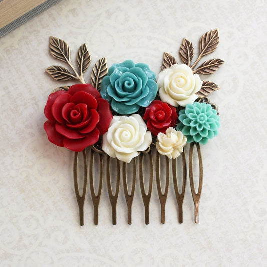 Floral Bridal Comb | Teal and Red Rose