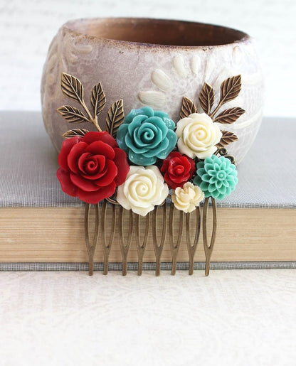 Floral Bridal Comb | Teal and Red Rose