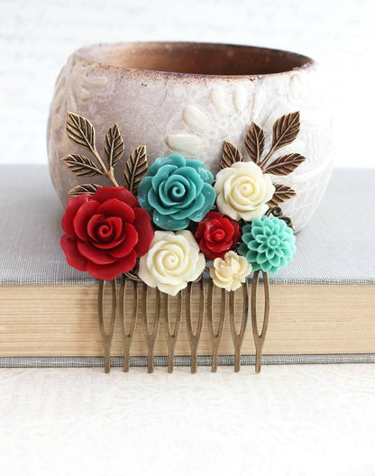 Floral Bridal Comb | Teal and Red Rose