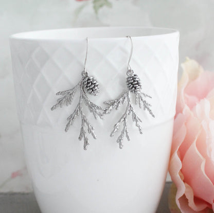 Silver Cedar Branch Earrings with Silver Pine Cone