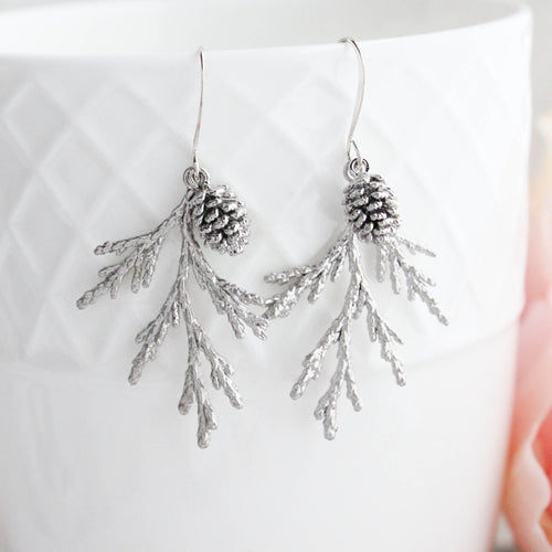 Silver Cedar Branch Earrings with Silver Pine Cone
