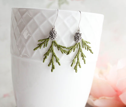 Green Cedar Branch Earrings with Silver Pine Cone