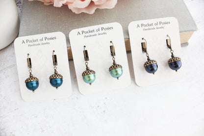 Navy Pearl Acorn Necklace | Rustic Nature Charm Pendant