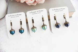 Navy Pearl Acorn Necklace | Rustic Nature Charm Pendant