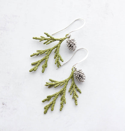 Cedar Branch Earrings | Rose Gold Patina with Silver Pine Cone