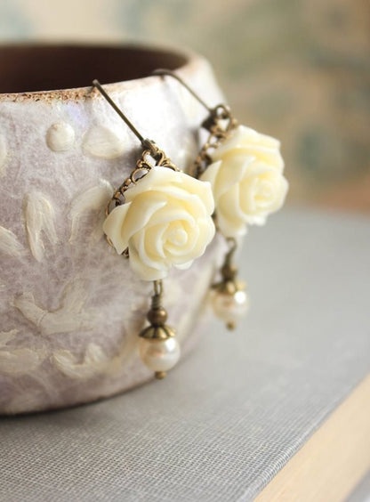 Navy Blue Rose Earrings | Pearl Drop
