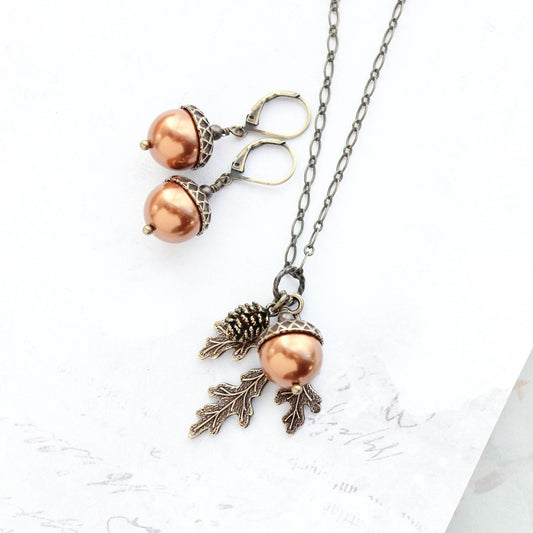 Burnt Copper Pearl Acorn Charm Necklace
