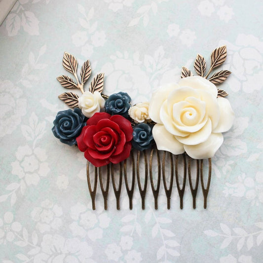 Bridal Hair Comb Big | Red and Navy Blue