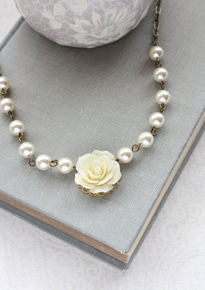 Cream Rose and Pearl Necklace